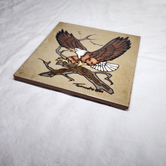 Vintage Signed Cleo Teissedre Bald Eagle 1984 Clay Tile Wall Plaque Trivet - Picture 5 of 7